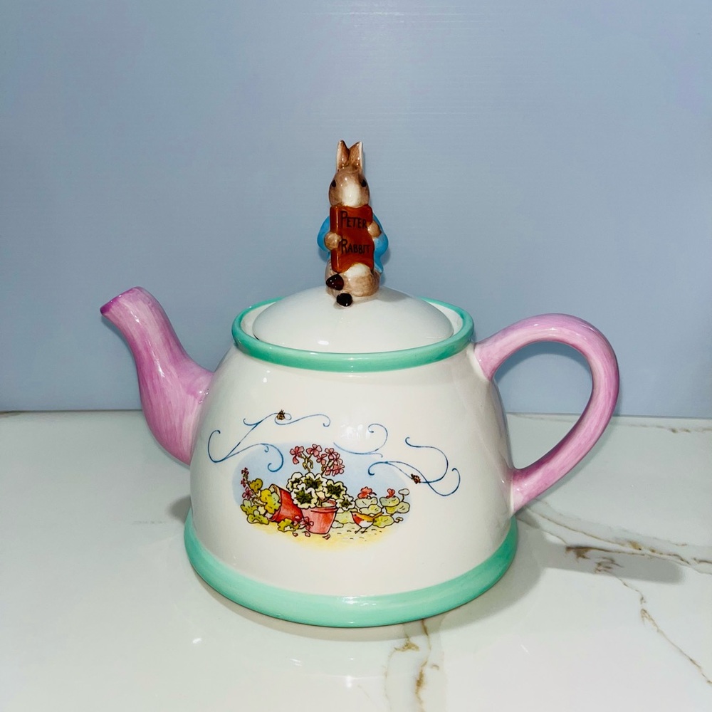 Whimsical Peter Rabbit Teapot with Pink Handle